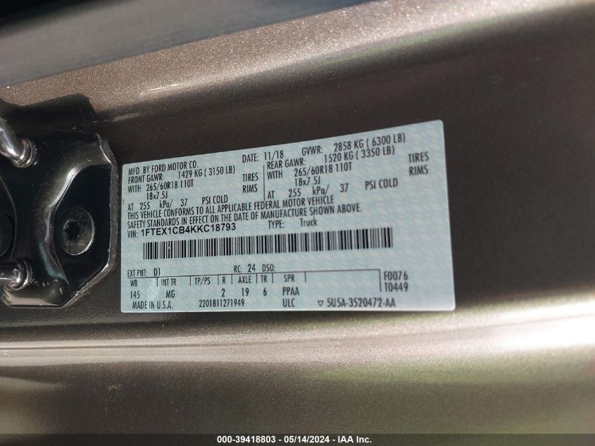 2019 Ford F-150 Xlt VIN: 1FTEX1CB4KKC18793 Lot: 39418803