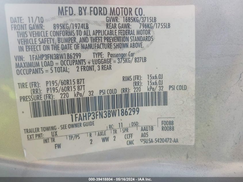 2011 Ford Focus Se VIN: 1FAHP3FN3BW186299 Lot: 39418804