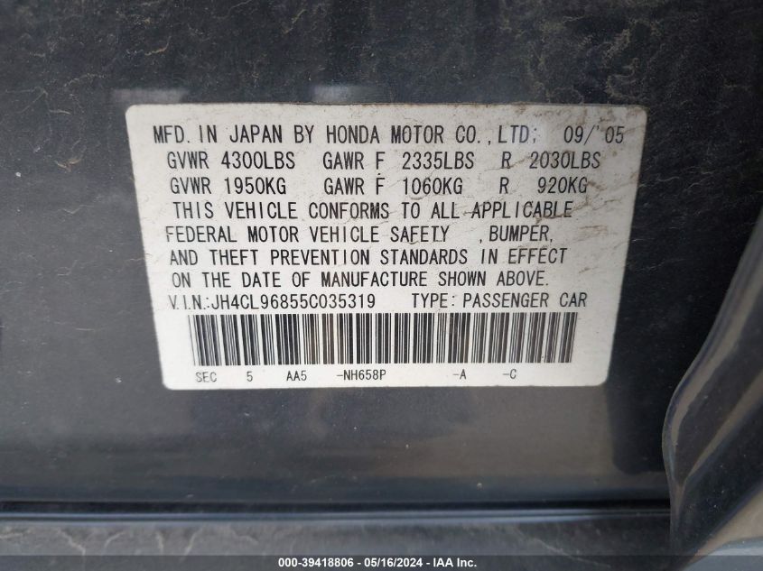 2005 Acura Tsx VIN: JH4CL96855C035319 Lot: 39418806