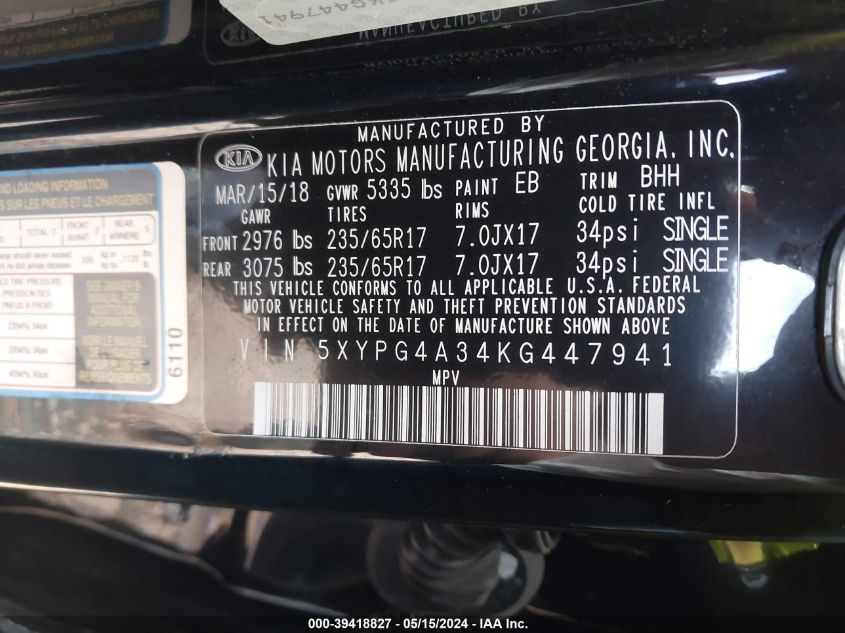 2019 Kia Sorento 2.4L Lx VIN: 5XYPG4A34KG447941 Lot: 39418827