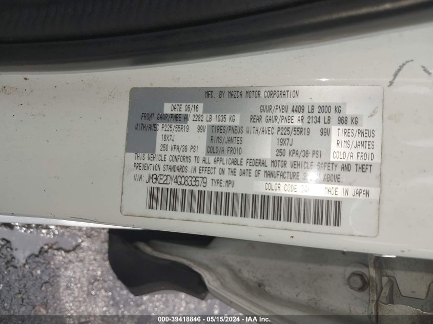 2016 Mazda Cx-5 Grand Touring VIN: JM3KE2DY4G0833579 Lot: 39418846