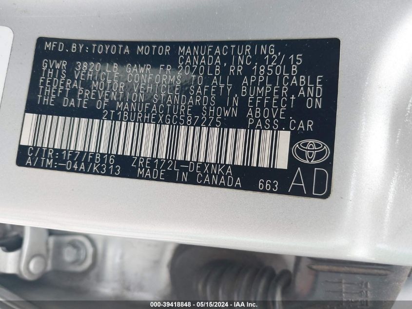 2016 Toyota Corolla Le VIN: 2T1BURHEXGC587275 Lot: 39418848