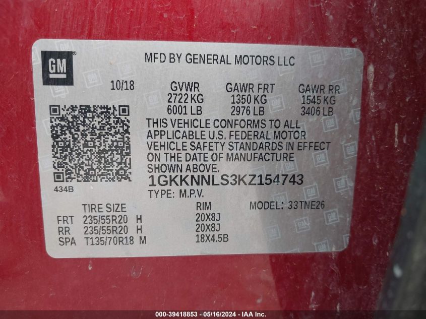 2019 GMC Acadia Slt-2 VIN: 1GKKNNLS3KZ154743 Lot: 39418853