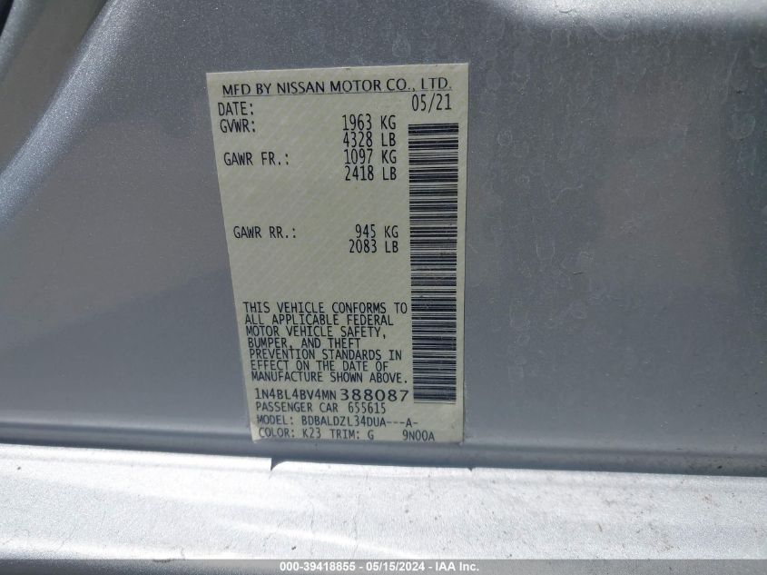 2021 Nissan Altima S Fwd VIN: 1N4BL4BV4MN388087 Lot: 39418855