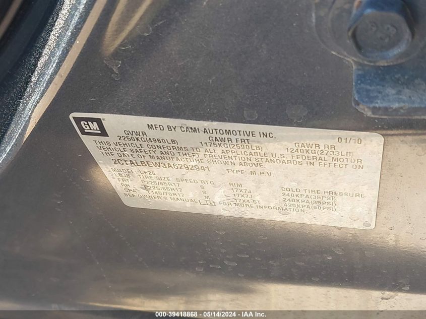 2010 GMC Terrain Sle-1 VIN: 2CTALBEW3A6292941 Lot: 39418868