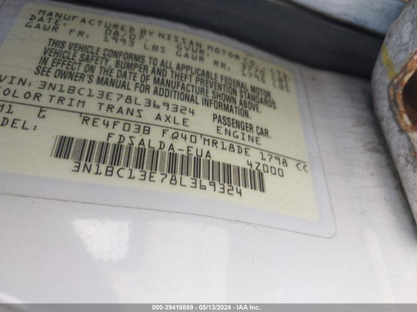 2008 Nissan Versa 1.8S VIN: 3N1BC13E78L369324 Lot: 39418869