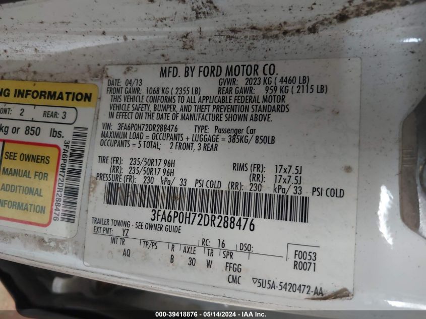 2013 Ford Fusion Se VIN: 3FA6P0H72DR288476 Lot: 39418876