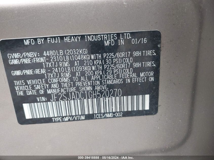 2016 Subaru Forester 2.5I Premium VIN: JF2SJADC1GH520270 Lot: 39418888