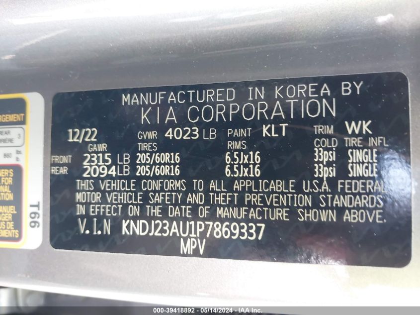 2023 Kia Soul Lx VIN: KNDJ23AU1P7869337 Lot: 39418892