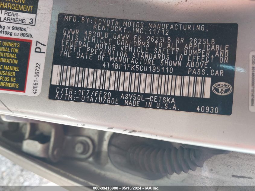 2012 Toyota Camry Se VIN: 4T1BF1FK5CU195110 Lot: 39418900
