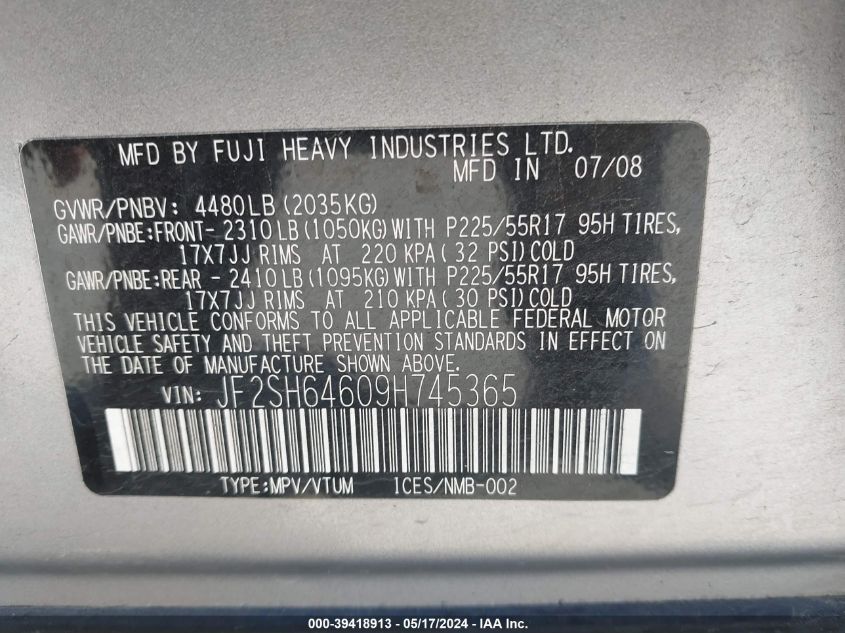 2009 Subaru Forester 2.5X Limited VIN: JF2SH64609H745365 Lot: 39418913