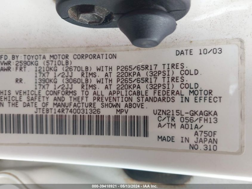 2004 Toyota 4Runner Sr5 Sport V8 VIN: JTEBT14R740031326 Lot: 39418921