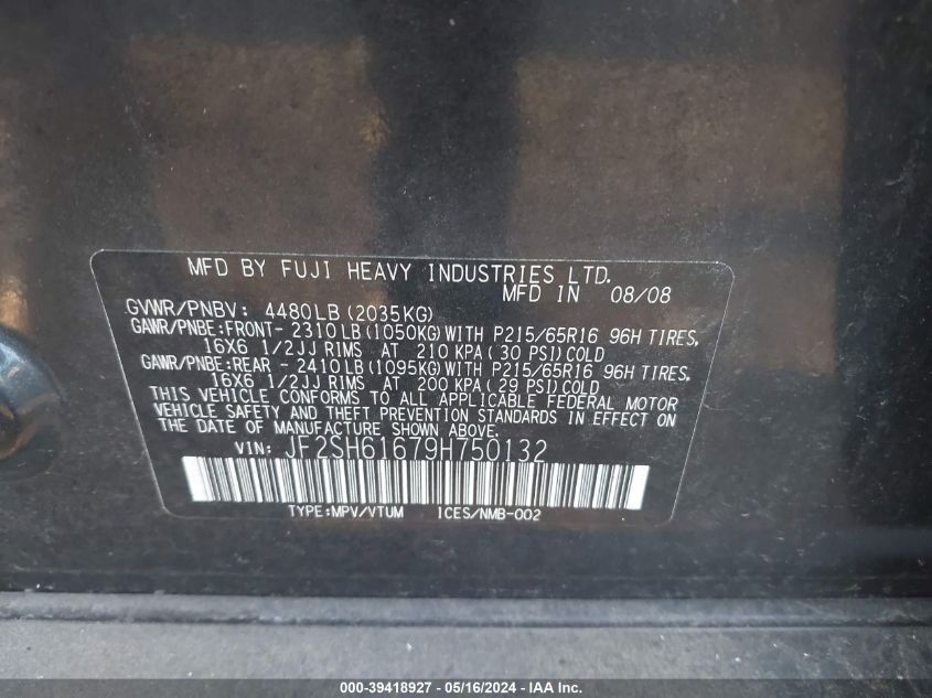 2009 Subaru Forester 2.5X VIN: JF2SH61679H750132 Lot: 39418927