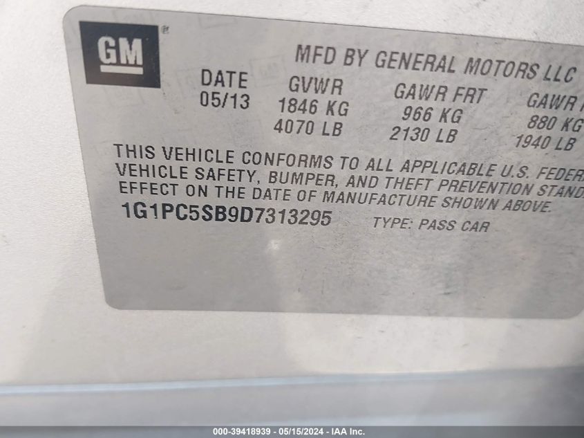 2013 Chevrolet Cruze 1Lt VIN: 1G1PC5SB9D7313295 Lot: 39418939