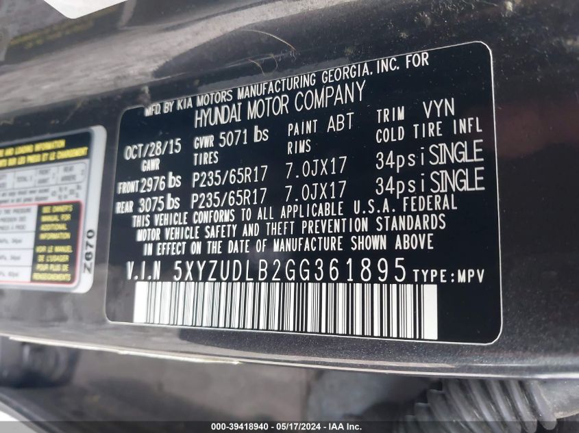 2016 Hyundai Santa Fe Sport 2.4L VIN: 5XYZUDLB2GG361895 Lot: 39418940