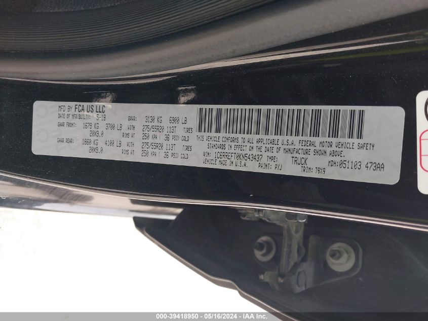 2019 Ram 1500 VIN: 1C6RREFT0KN543437 Lot: 39418950