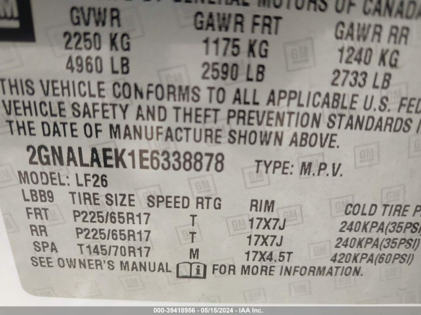 2014 Chevrolet Equinox Ls VIN: 2GNALAEK1E6338878 Lot: 39418956