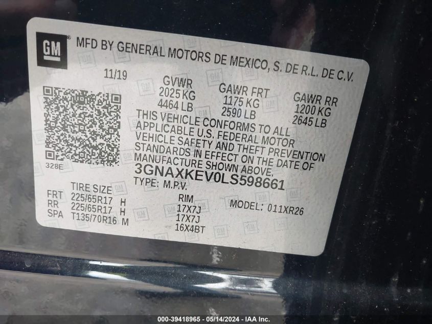 2020 Chevrolet Equinox Fwd Lt 1.5L Turbo VIN: 3GNAXKEV0LS598661 Lot: 39418965