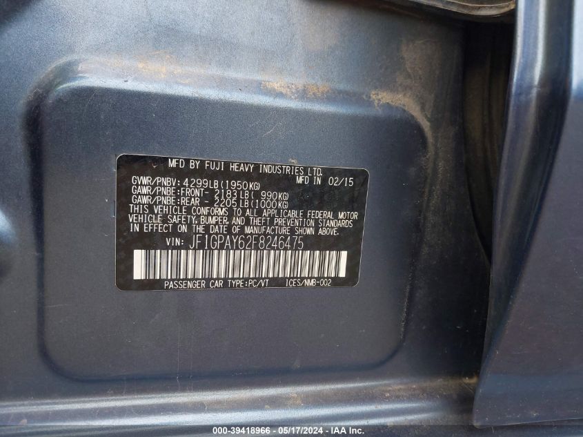 2015 Subaru Impreza 2.0I Sport Premium VIN: JF1GPAY62F8246475 Lot: 39418966
