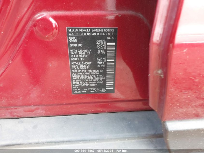 2015 Nissan Rogue S VIN: KNMAT2MT0FP560497 Lot: 39418967