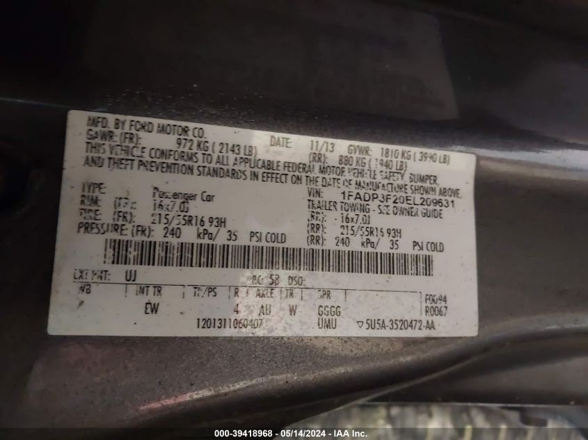 2014 Ford Focus Se VIN: 1FADP3F20EL209631 Lot: 39418968