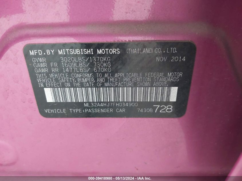 2015 Mitsubishi Mirage Es VIN: ML32A4HJ7FH034900 Lot: 39418980