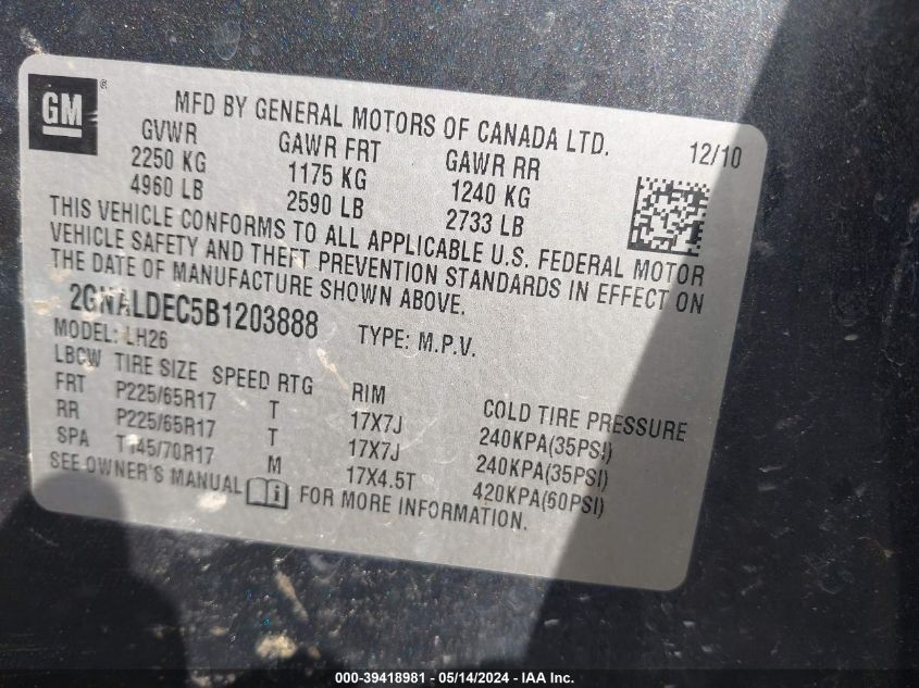 2011 Chevrolet Equinox 1Lt VIN: 2GNALDEC5B1203888 Lot: 39418981