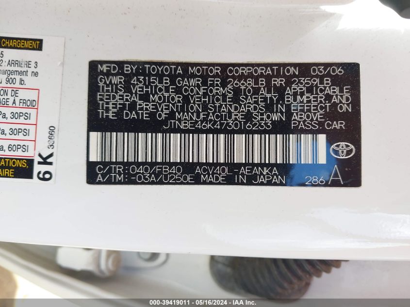 2007 Toyota Camry Le VIN: JTNBE46K473016233 Lot: 39419011