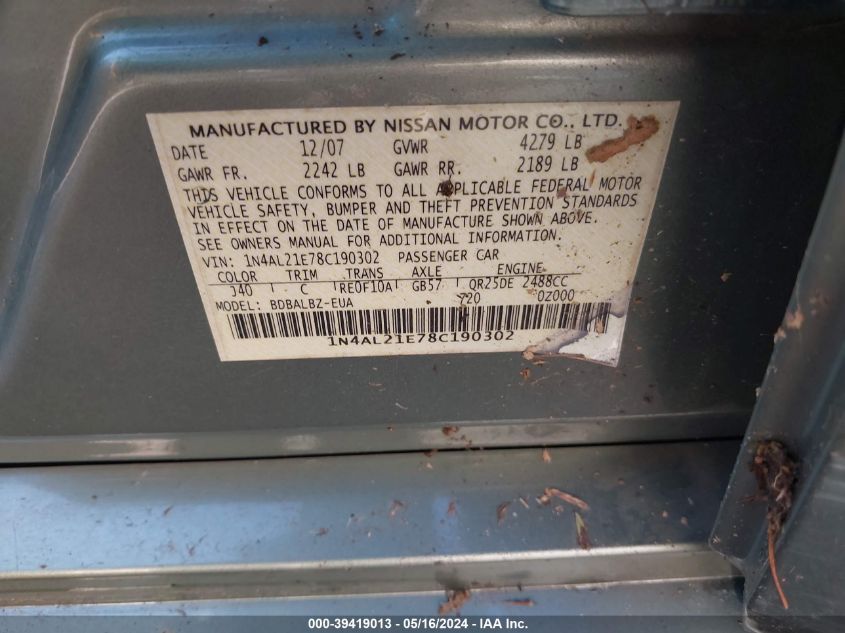 2008 Nissan Altima 2.5 S VIN: 1N4AL21E78C190302 Lot: 39419013