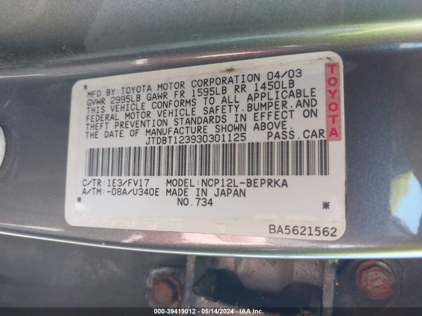 2003 Toyota Echo VIN: JTDBT123930301125 Lot: 39419012