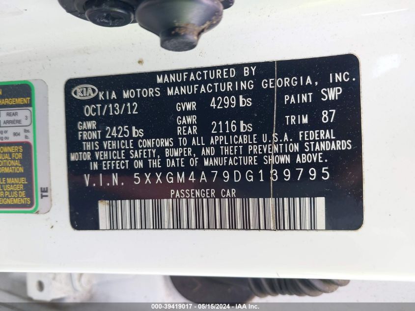 2013 Kia Optima Lx VIN: 5XXGM4A79DG139795 Lot: 39419017