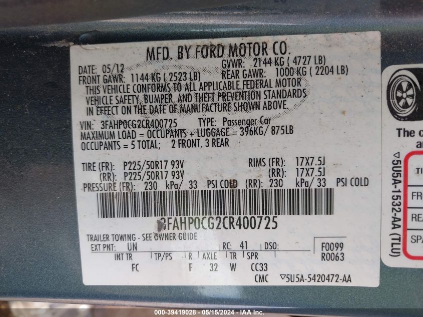 2012 Ford Fusion Sel VIN: 3FAHP0CG2CR400725 Lot: 39419028