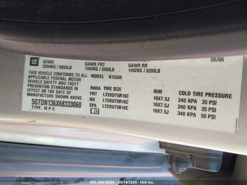 2006 Hummer H3 Suv VIN: 5GTDN136X68333060 Lot: 39419054