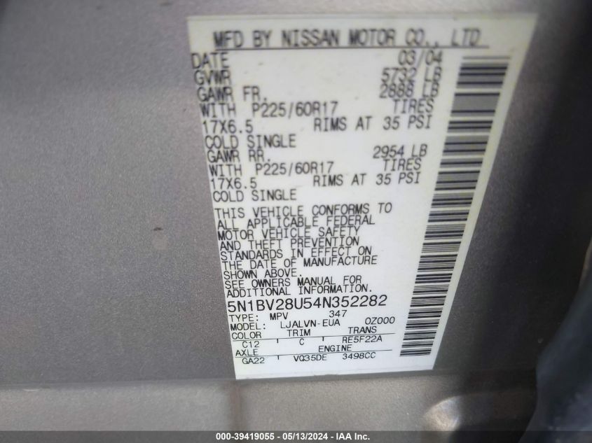 2004 Nissan Quest 3.5 Se VIN: 5N1BV28U54N352282 Lot: 39419055