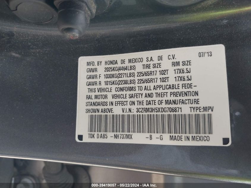 2013 Honda Cr-V Ex VIN: 3CZRM3H5XDG706871 Lot: 39419057