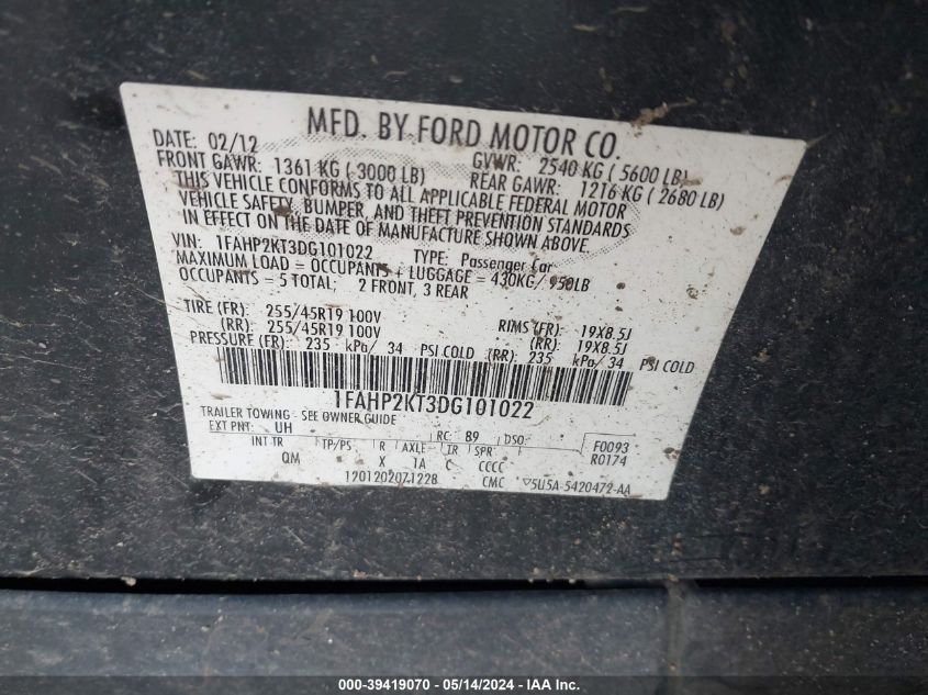 2013 Ford Taurus Sho VIN: 1FAHP2KT3DG101022 Lot: 39419070