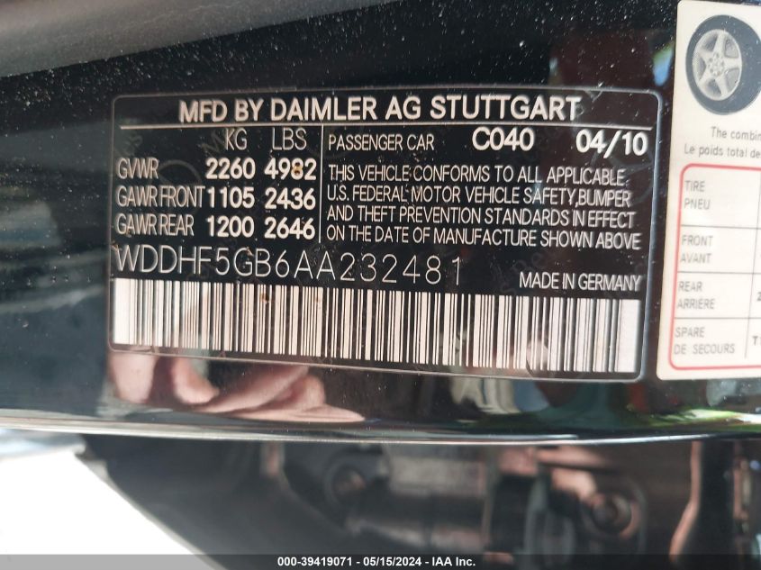 2010 Mercedes-Benz E 350 VIN: WDDHF5GB6AA232481 Lot: 39419071