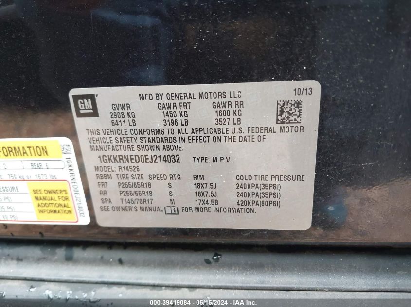 2014 GMC Acadia Sle-1 VIN: 1GKKRNED0EJ214032 Lot: 39419084