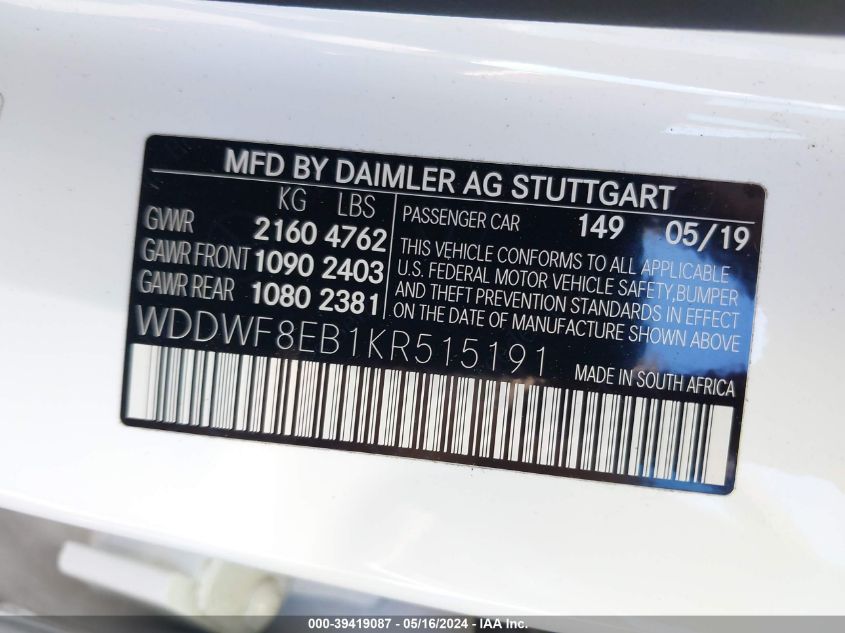 2019 Mercedes-Benz C 300 4Matic VIN: WDDWF8EB1KR515191 Lot: 39419087