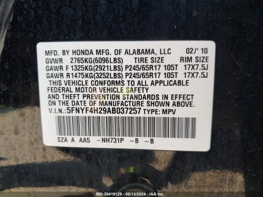 2010 Honda Pilot Lx VIN: 5FNYF4H29AB037257 Lot: 39419129