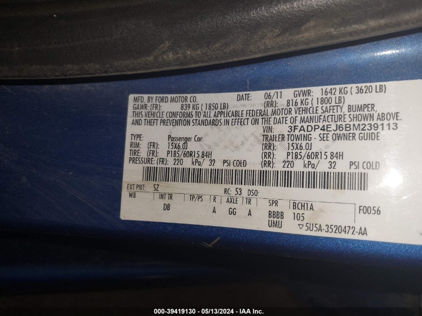 2011 Ford Fiesta Se VIN: 3FADP4EJ6BM239113 Lot: 39419130