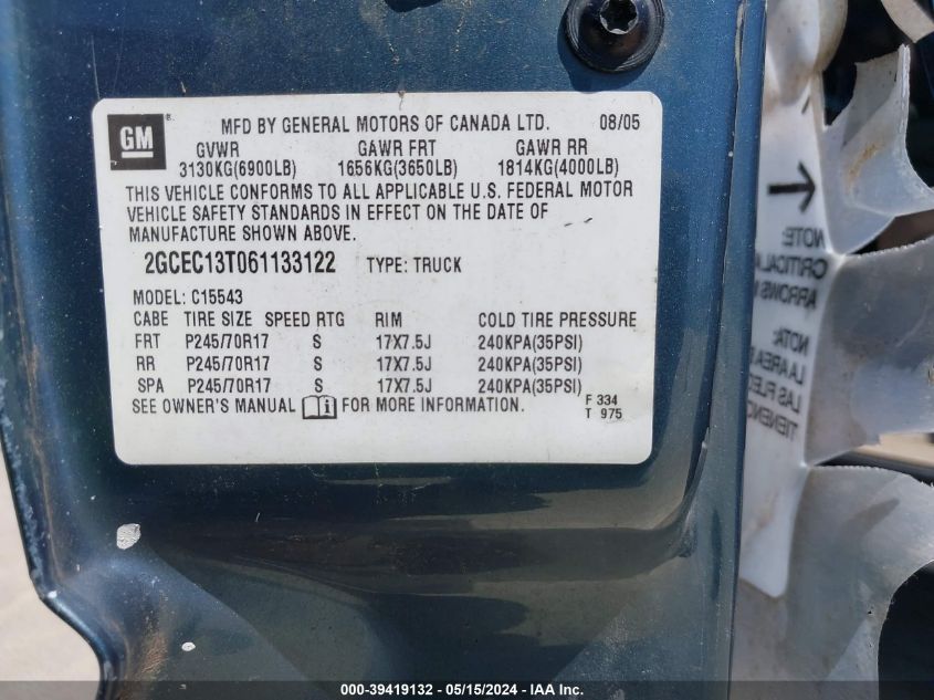 2006 Chevrolet Silverado 1500 Lt1 VIN: 2GCEC13T061133122 Lot: 39419132