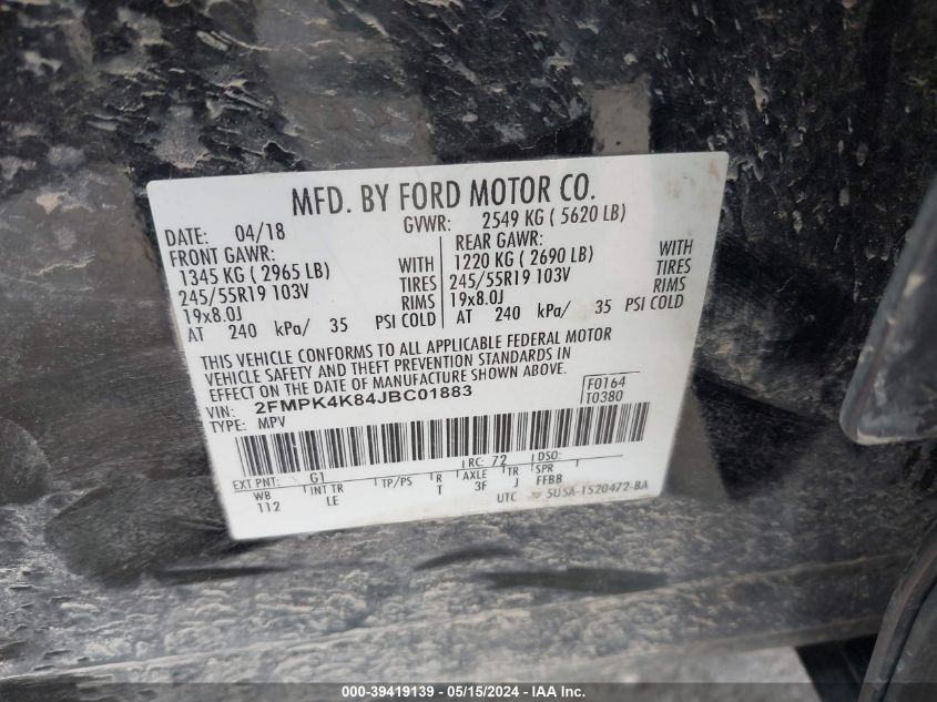 2018 Ford Edge Titanium VIN: 2FMPK4K84JBC01883 Lot: 39419139