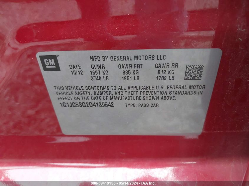 2013 Chevrolet Sonic Lt Auto VIN: 1G1JC5SG2D4139542 Lot: 39419155