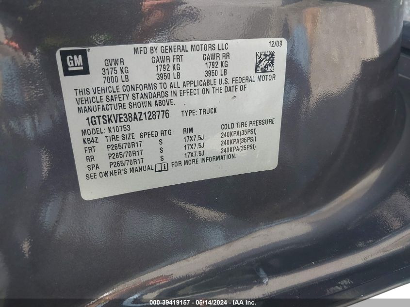 2010 GMC Sierra 1500 Sle VIN: 1GTSKVE38AZ128776 Lot: 39419157
