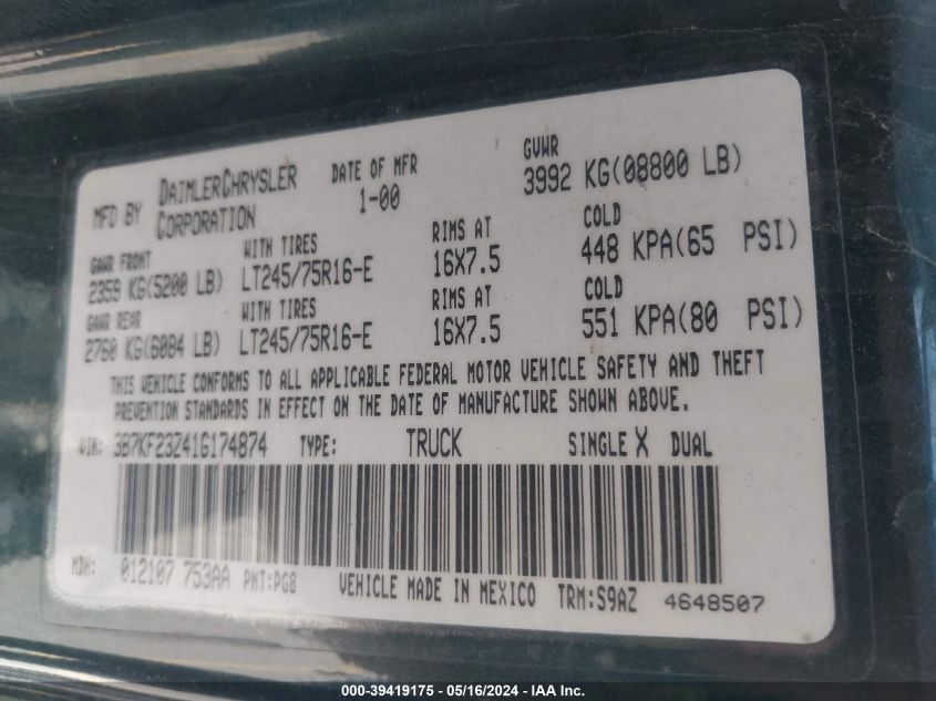 2001 Dodge Ram 2500 St VIN: 3B7KF23Z41G174874 Lot: 39419175