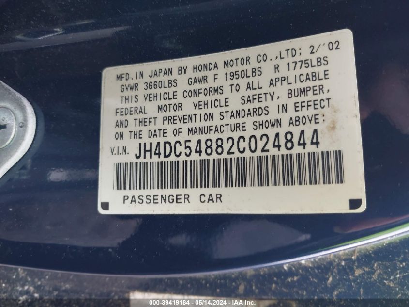 2002 Acura Rsx VIN: JH4DC54882C024844 Lot: 39419184