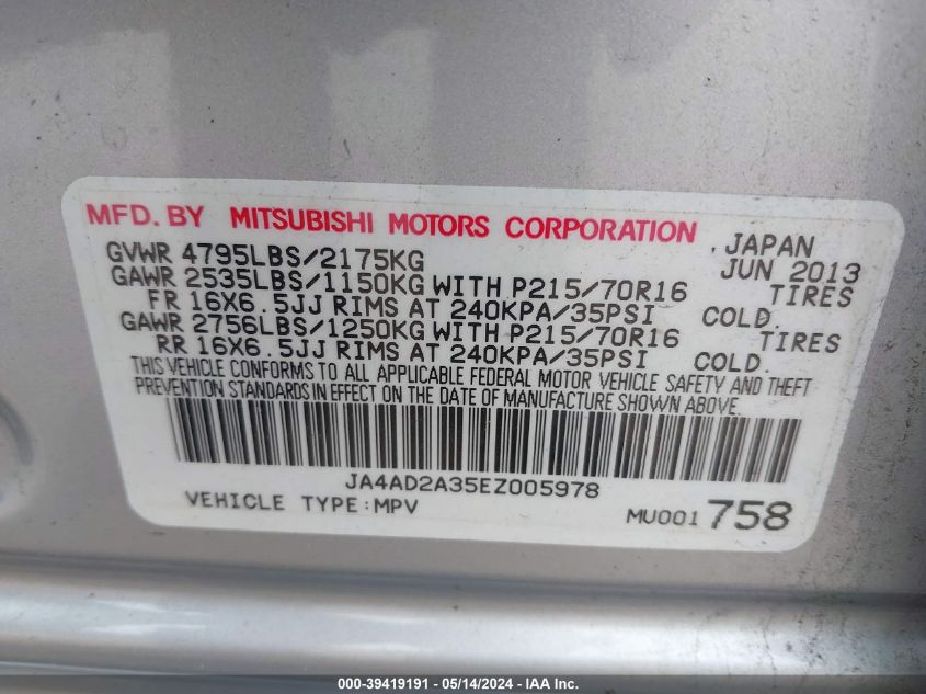 2014 Mitsubishi Outlander Es VIN: JA4AD2A35EZ005978 Lot: 39419191