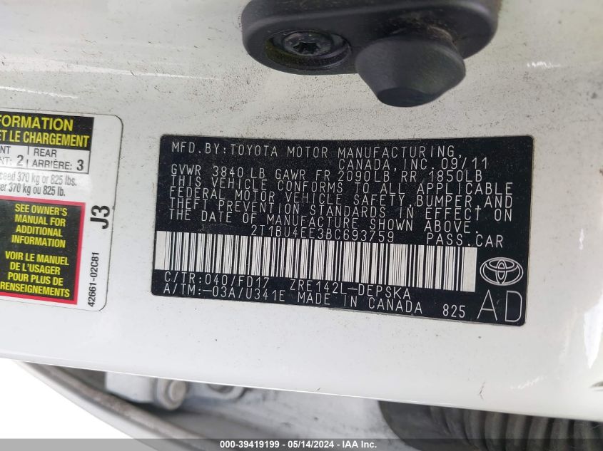 2011 Toyota Corolla S VIN: 2T1BU4EE3BC693759 Lot: 39419199