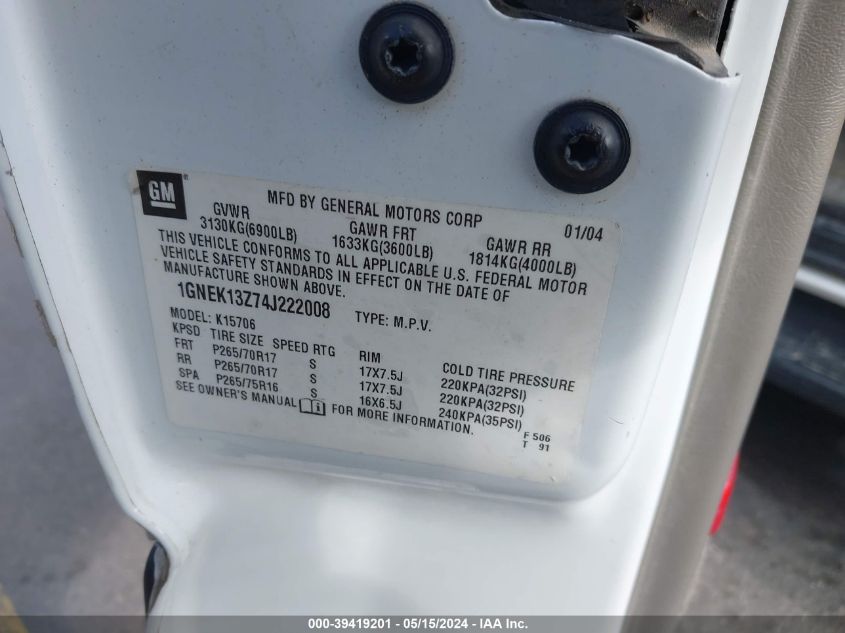 2004 Chevrolet Tahoe Ls VIN: 1GNEK13Z74J222008 Lot: 39419201